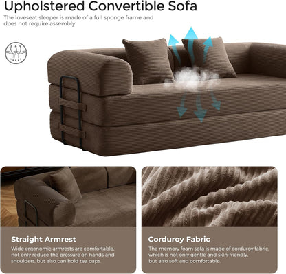79" Convertible Sofa Bed with Fixed-Shape Frame & Removable Armrests, Modular Corduroy Sleeper Sofa, Folding Mattress Couch for Small Spaces - No Assembly Needed in Brown (Includes 2 Pillows)