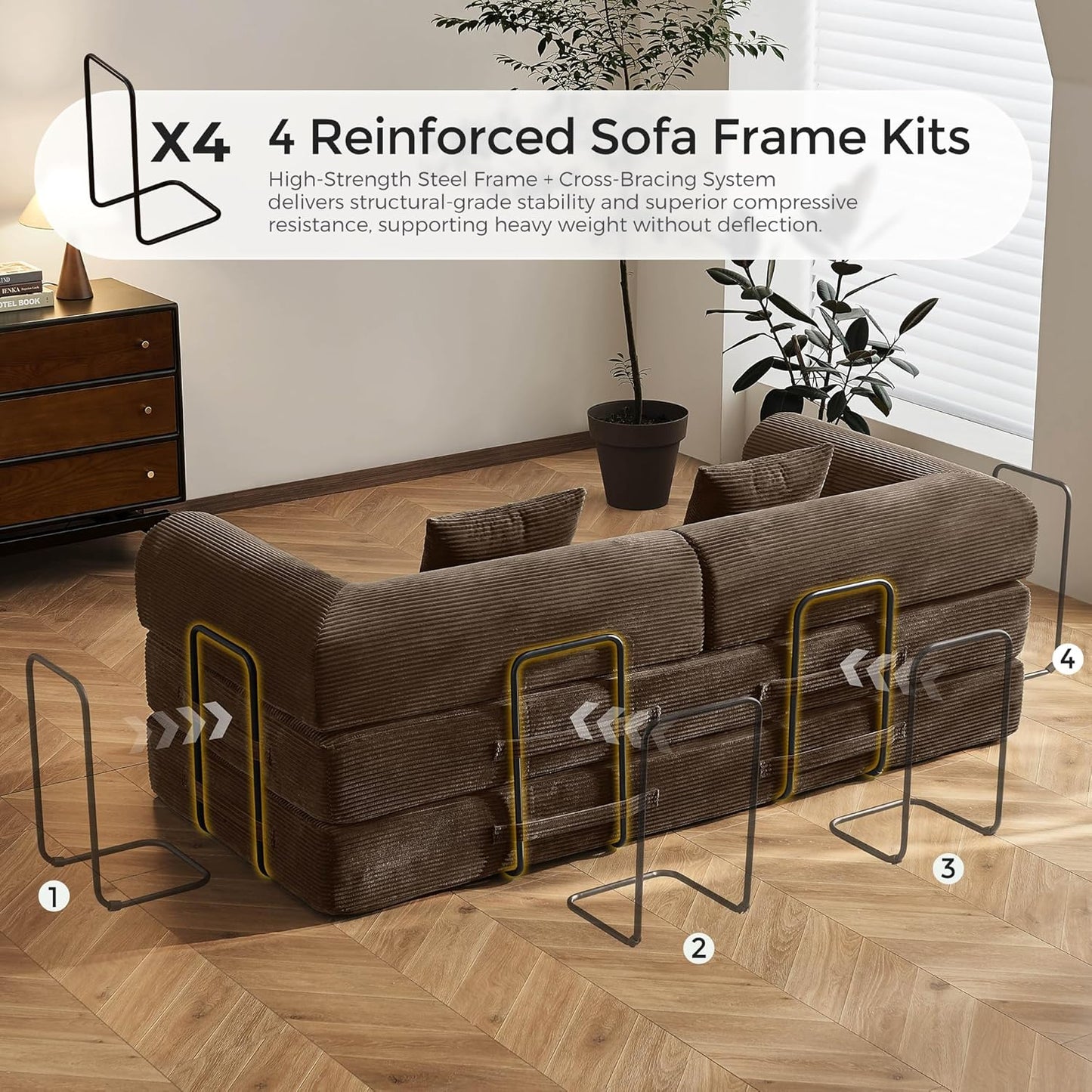 79" Convertible Sofa Bed with Fixed-Shape Frame & Removable Armrests, Modular Corduroy Sleeper Sofa, Folding Mattress Couch for Small Spaces - No Assembly Needed in Brown (Includes 2 Pillows)