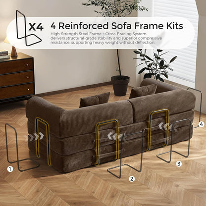 79" Convertible Sofa Bed with Fixed-Shape Frame & Removable Armrests, Modular Corduroy Sleeper Sofa, Folding Mattress Couch for Small Spaces - No Assembly Needed in Brown (Includes 2 Pillows)