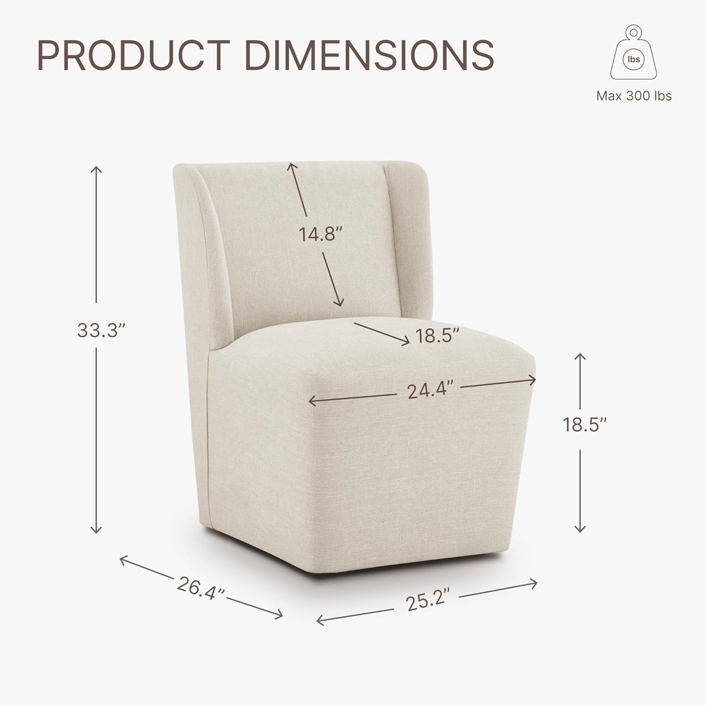 KISLOT Upholstered Dining Chairs Set of 4 with Casters, Wingback Modern Side Armless Deskchair with Rollers for Diningroom Bedroom Livingroom Reading Room, Cream Beige Fabric