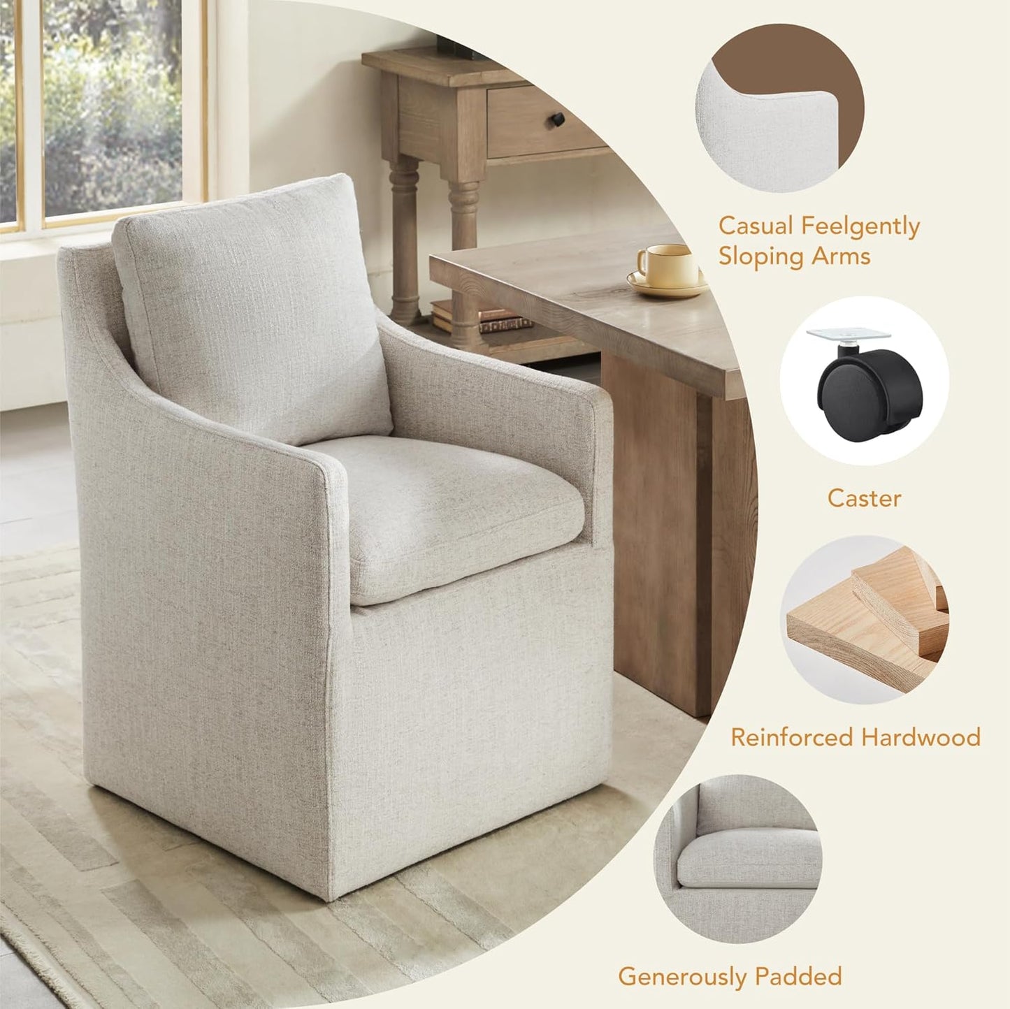 KISLOT Upholstered Dining Chairs with Casters, No Assembly Modern Accent Armchair with Rollers for Dining Room, Bedroom, Living Room, Reading Room, Already Assembled, Linen, 2 Box