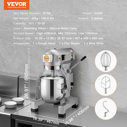 VEVOR Commercial Food Mixer 15Qt, Commercial Mixer with 3 Adjustable Speeds, 550W Dough Mixer,Commercial Stand Mixer with Stainless Steel Bowl