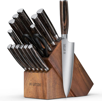 Yatoshi 15 Piece Knife Block Set - Pro Kitchen Knife Set Ultra Sharp High Carbon Stainless Steel with Ergonomic Handle, New