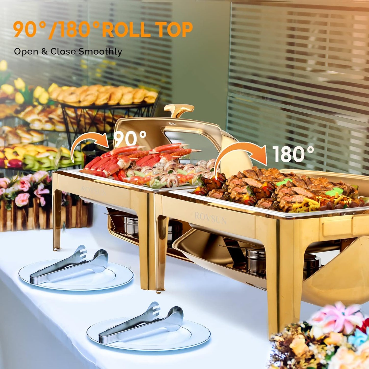 ROVSUN 9QT 3 Pack Roll Top Chafing Dish Buffet Set, Rectangular NSF Stainless Steel Buffet Warmer Chafers with Thick Frame for Catering Events Parties Weddings Dinners, Gold