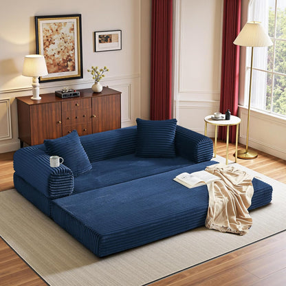 Boneless Couch Versatile Couches for Living Room No-Install Sofa Bed Corduroy Futon Soft Cloud Couch with Pillows for Bedroom Game Movie (Dark Blue, 76")