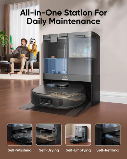 eufy X10 Pro Omni Robot Vacuum and Mop Combo, 8,000 Pa, Dual Mops with 12 mm Auto-Lift and Carpet Detection, AI Obstacle Avoidance, Auto Mop Washing&Drying, Self-Emptying, Self-Refilling