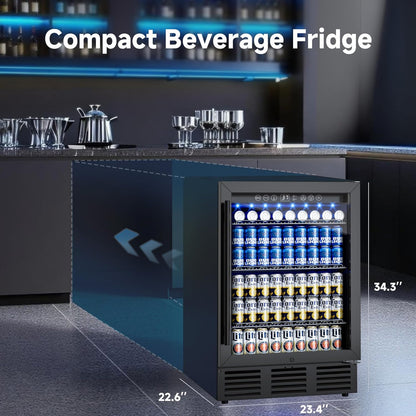 24 Inch Beverage Refrigerator, 180 Cans Beverage Refrigerator with Glass Door, LED Light, Under Counter Refrigerator for Soda, Water, Wine, Drink Fridge for Home, Bar or Office