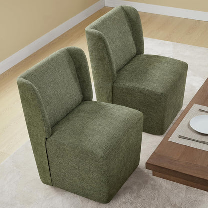 KISLOT Upholstered Dining Chairs Set of 4 with Casters, Wingback Modern Side Armless Deskchair with Rollers for Diningroom Bedroom Livingroom Reading Room, Green Fabric