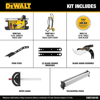 DEWALT Table Saw 10 Inch with Foldable Rolling Table Saw Stand, 15 Amp, 4800 RPM, 32-1/2-Inch Rip Capacity (DWE7491RS)