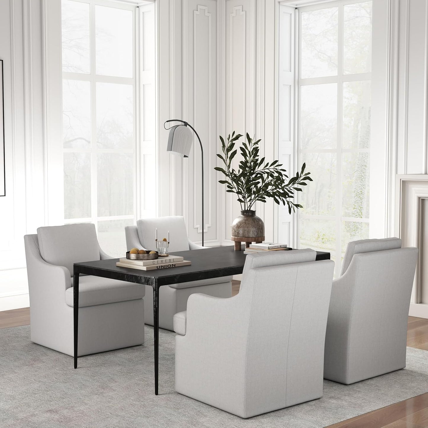 VKNOW Upholstered Dining Chairs Set of 4, Modern Kitchen Chairs Dinner Chairs with 4 Casters, Chenille Armchair for Bedroom Reading Room Living Room, Light Grey