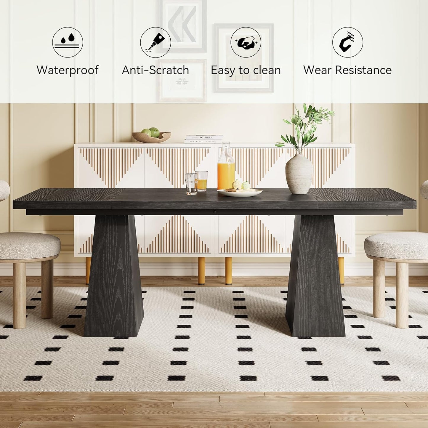 LITTLE TREE Dining Table for 4-6 People, Wooden Table, Rectangle Furniture with Heavy Duty Legs, Modern Kitchen Table for Home, Dining Room, Black