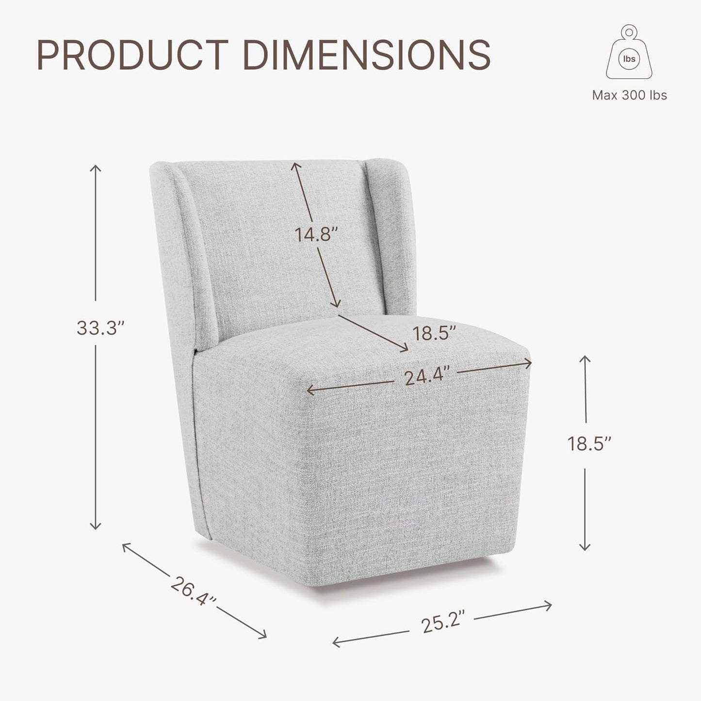 KISLOT Upholstered Dining Chairs Set of 4 with Casters, Wingback Modern Side Armless Deskchair with Rollers for Diningroom Bedroom Livingroom Reading Room, Light Grey Fabric