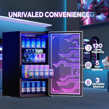 Manastin Gaming Light Up Beverage Refrigertor, Led Lighting Door 120 Cans Freestanding Beverage Fridge, Cyberpunk Beverage Cooler for Gaming, Gaming Room, Bar, Party (Lighting)