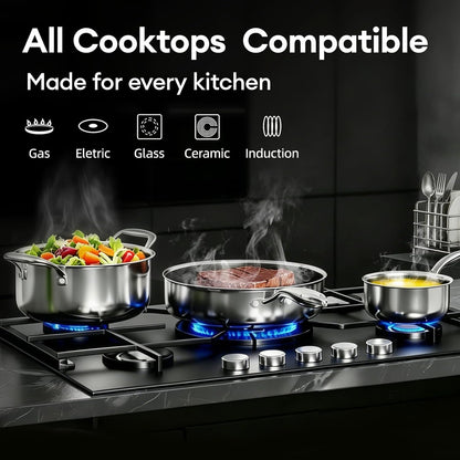 COOKER KING Non Stick Pots and Pans Set, 10pcs Hybrid Stainless Steel Cookware Set, Frying Pans, Saucepans, Saute Pan & Stock Pot, Non Toxic, Oven & Dishwasher Safe, Induction & All Cooktop Compatible