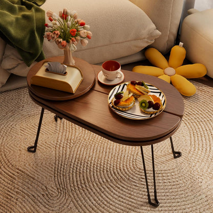 Muwuele Small Coffee Tables for Small Spaces, Solid Wood Accent Tables Living Room, Foldable Coffee Table Oval, Folding Floor Table, Low Table for Sitting on the Floor, Narrow Side Table Couch, Walnut