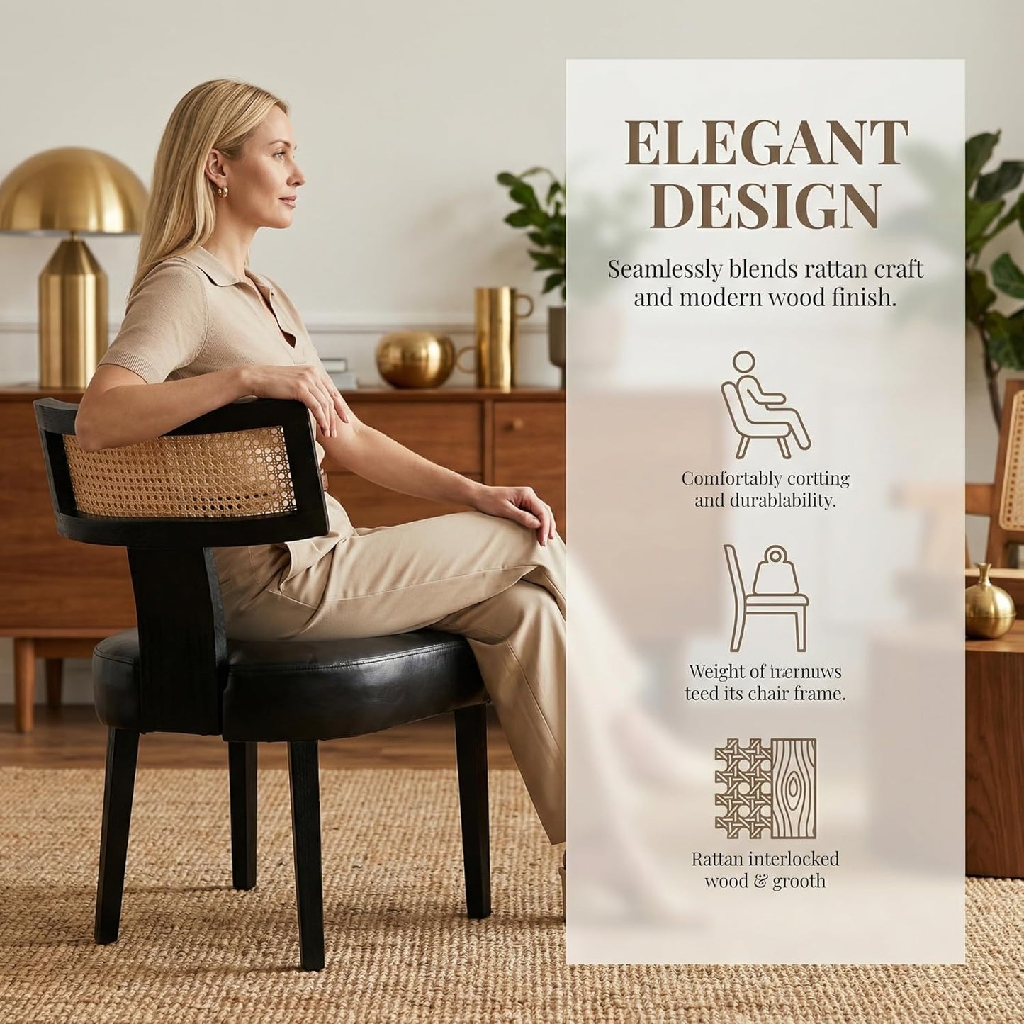 HNY Mid Century Modern Rattan Dining Chairs Set of 2, Farmhouse PU Leather Upholstered Accent Chair Curved Backrest Kitchen Chairs, with Black Hardwood Frame, Black