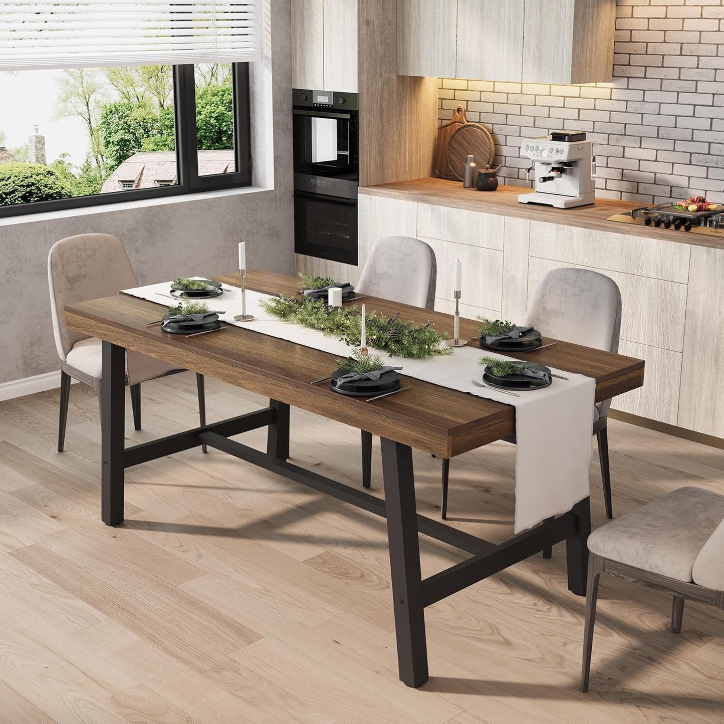 GarveeHome Industrial Dining Table for 4-6 People, 63 in Long Wooden Kitchen Table with Sturdy Metal Frame & Rustic Finish - Seats 4 Rectangular Counter for Dinner, Kitchen, Dining Room - Retro Brown