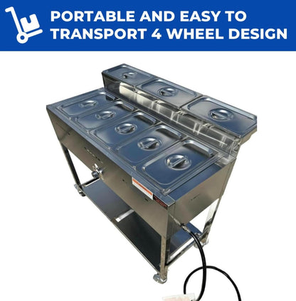 5 Pan Steam Table Food Warmer Cart | Heavy Duty Commercial Stainless Steel | Portable 4 Wheels | Outdoor Propane | 3 Condiment Containers | 8 Total Standard 1/3 Pans (12” x 6” x 4”) | CSA Approved | Catering, Home, and Backyard Use