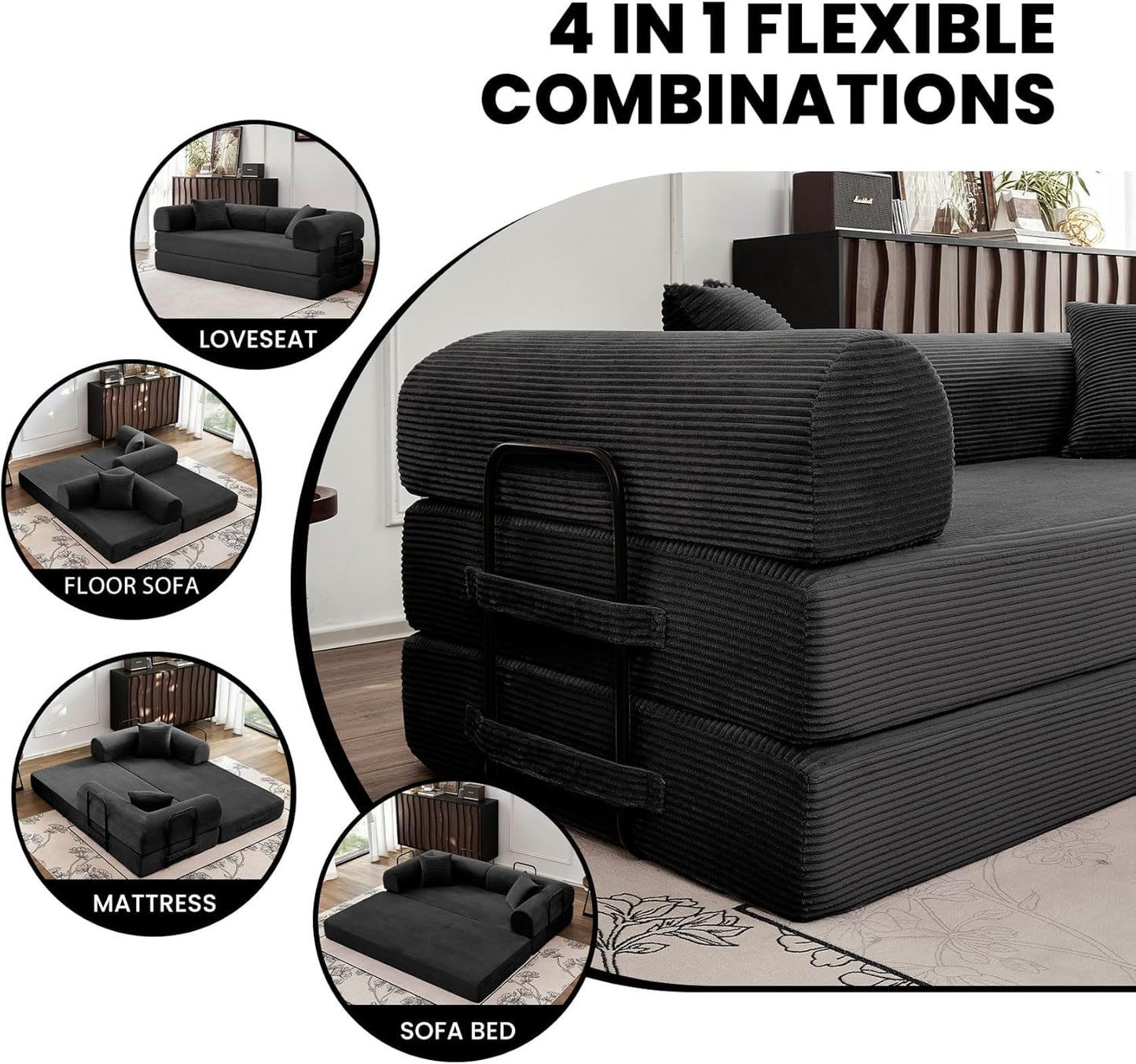 79'' Convertible Sofa Bed, 5-in-1 Folding Boneless Couch, Pull Out Floor Sleeper, Modular Lounge Sofa for Living Room Bedroom, Multi-Function Foldable Sofa (Black)