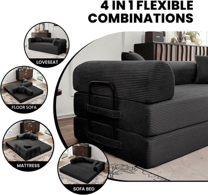 79'' Convertible Sofa Bed, 5-in-1 Folding Boneless Couch, Pull Out Floor Sleeper, Modular Lounge Sofa for Living Room Bedroom, Multi-Function Foldable Sofa (Black)