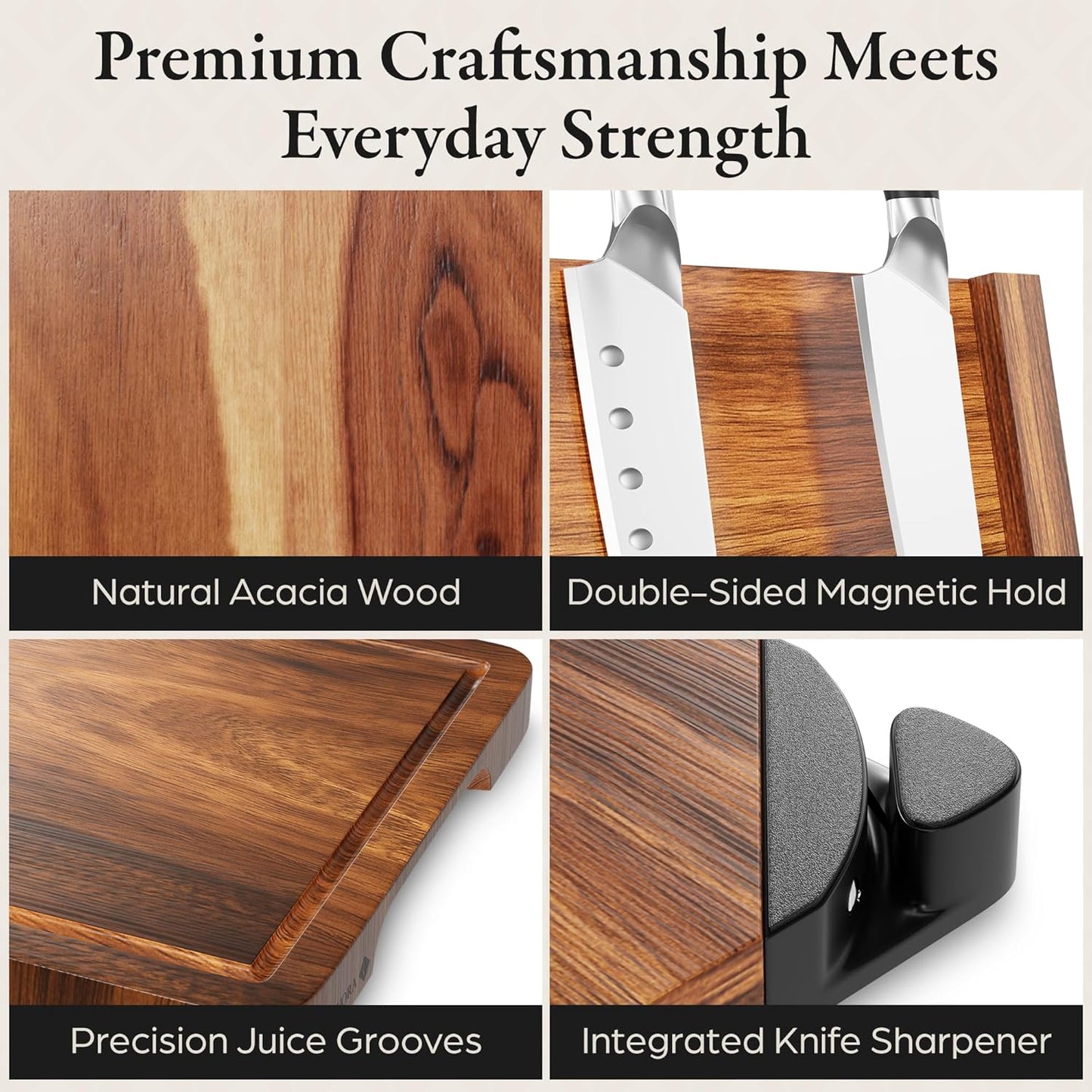 3 in 1 Magnetic Knife Block Stand, 14"x10" Cutting Board, Knife Sharpener - Wooden Magnetic Knife Holder - Acacia Display Holder Double Sided Storage Rack Magnets for Knives - No Assembly Required