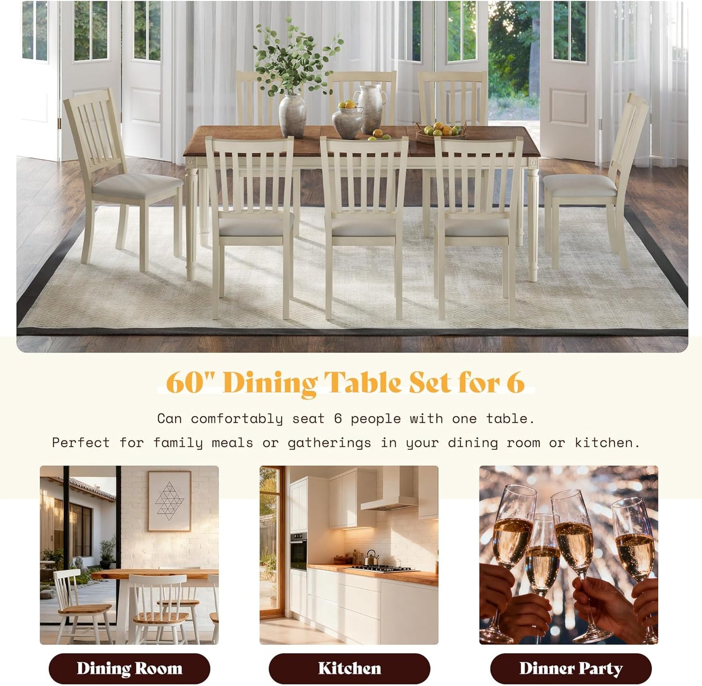 AMERLIFE 9-Piece Farmhouse Solid Wood Dining Table Set with 8 Upholstered Chairs, Roman Conical Legs, Seats up to 8, 79'' Dining Table & Chairs Set for Kitchen and Dining Room, Rustic Cream