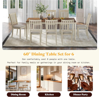 AMERLIFE 9-Piece Farmhouse Solid Wood Dining Table Set with 8 Upholstered Chairs, Roman Conical Legs, Seats up to 8, 79'' Dining Table & Chairs Set for Kitchen and Dining Room, Rustic Cream