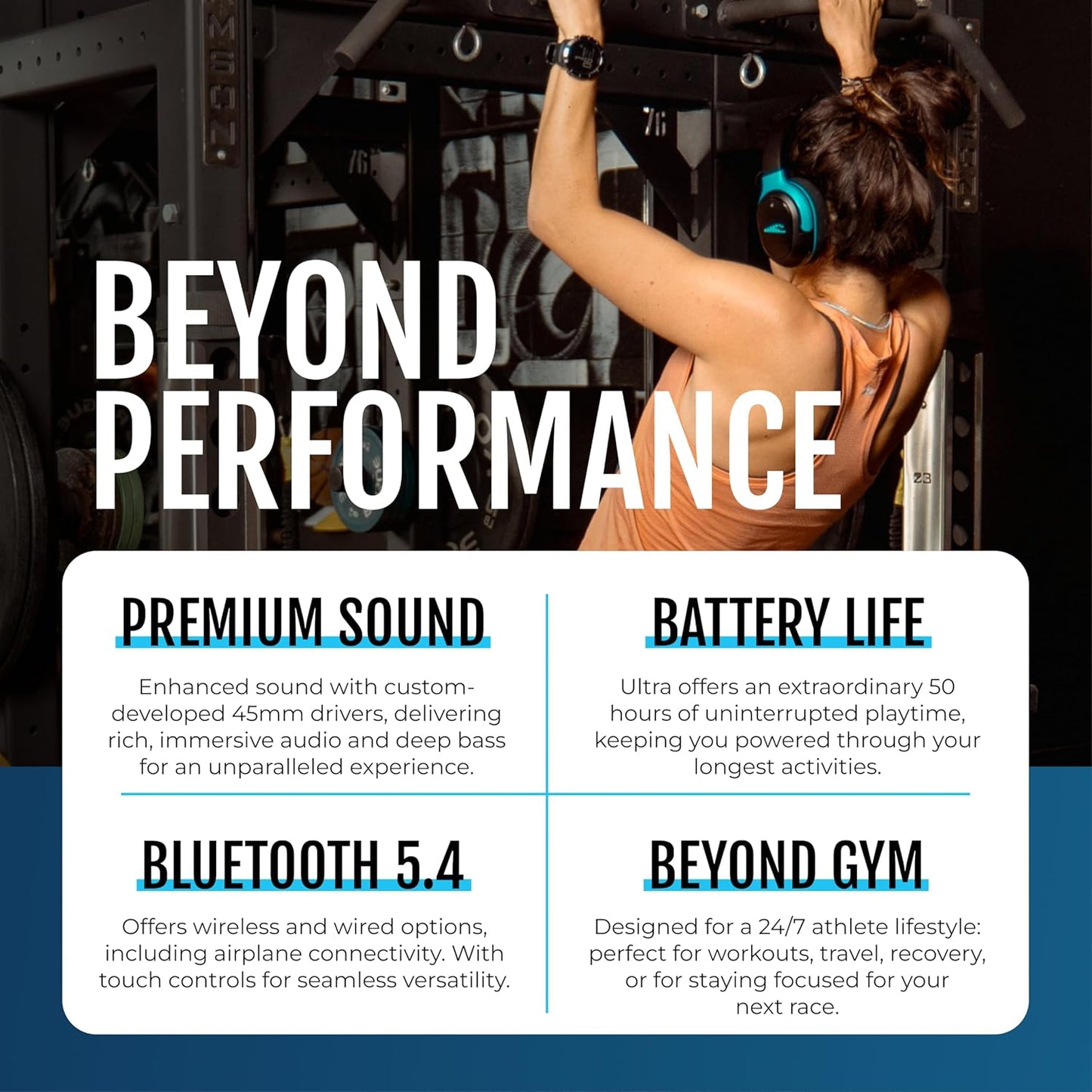 RIPT Ultra Over-Ear Sport Headphones, Active Noise Cancellation and Transparency Mode, 50-Hour Battery Life, 2 Sets of Cushions, Sweat-Proof Silicone and Leatherette, Premium Sound, Waterproof