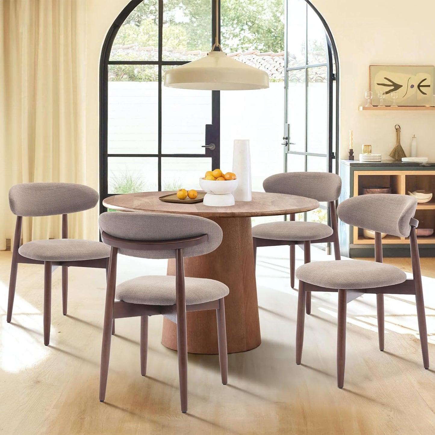 COLAMY Wooden Dining Chairs Set of 4, Modern Fabric Upholstered Dining Room Chair, Farmhouse Kitchen Chairs with Foot Pegs, Camel
