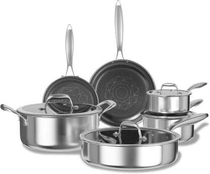 COOKER KING Non Stick Pots and Pans Set, 10pcs Hybrid Stainless Steel Cookware Set, Frying Pans, Saucepans, Saute Pan & Stock Pot, Non Toxic, Oven & Dishwasher Safe, Induction & All Cooktop Compatible