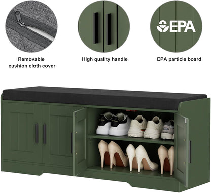Homleke 2-Tier Storage Bench, Shoe Bench with Thickened Padded Seat Cushion, Entryway Bench with 4 Doors, Adjustable Shelf, 13.8" D x 45.3" W x 18.5" H, for Entryway, Living Room, Bedroom, Green