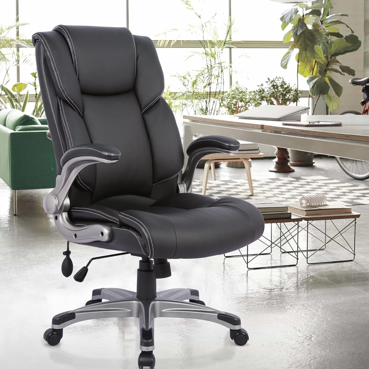 COLAMY High Back Executive Office Chair - Padded Leather Ergonomic Computer Desk Chair with Inflatable Lumbar Support & Flip-Up Arms, Adjustable Tilt Lock Swivel Task Chair for Home Office, Black