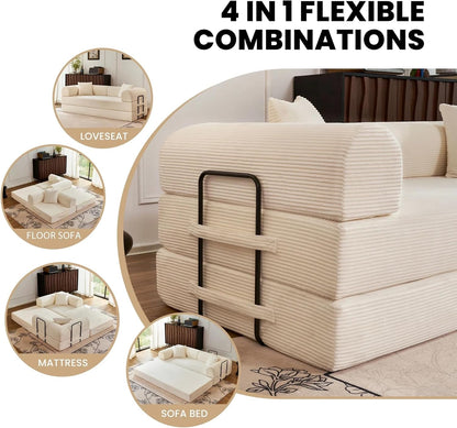 79'' Folding Convertible Sofa, Corduroy Modular Floor Couch with Pull Out Bed, 5-in-1 Sleeper Sofa Bed, No Assembly Space Saving Guest Sofa for Living Room Bedroom Apartment Lounge (Beige White) | High Backrest, No Assembly, Convertible Sofa, Space-S
