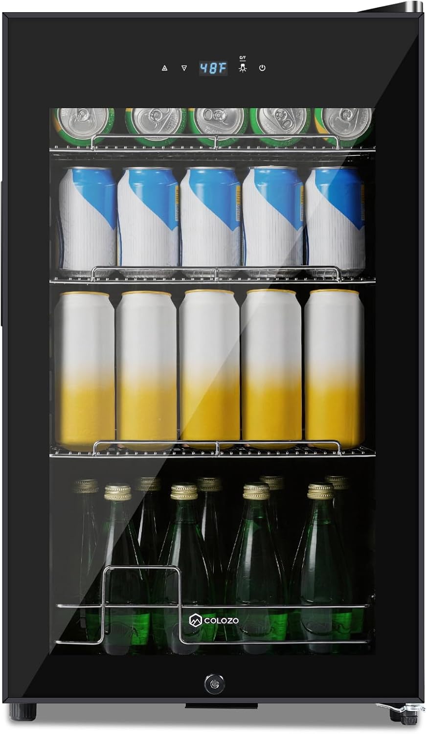 17 Inch Black Beverage Refrigerator Cooler, 96 Cans Mini Fridge with Glass Door&Lock, Beer Fridge for Soda Water or Wine, Drink Refrigerator for Home Office Bar Bedroom