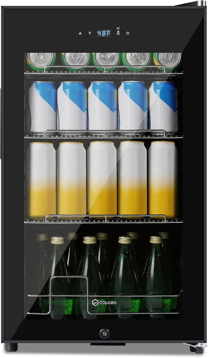 17 Inch Black Beverage Refrigerator Cooler, 96 Cans Mini Fridge with Glass Door&Lock, Beer Fridge for Soda Water or Wine, Drink Refrigerator for Home Office Bar Bedroom