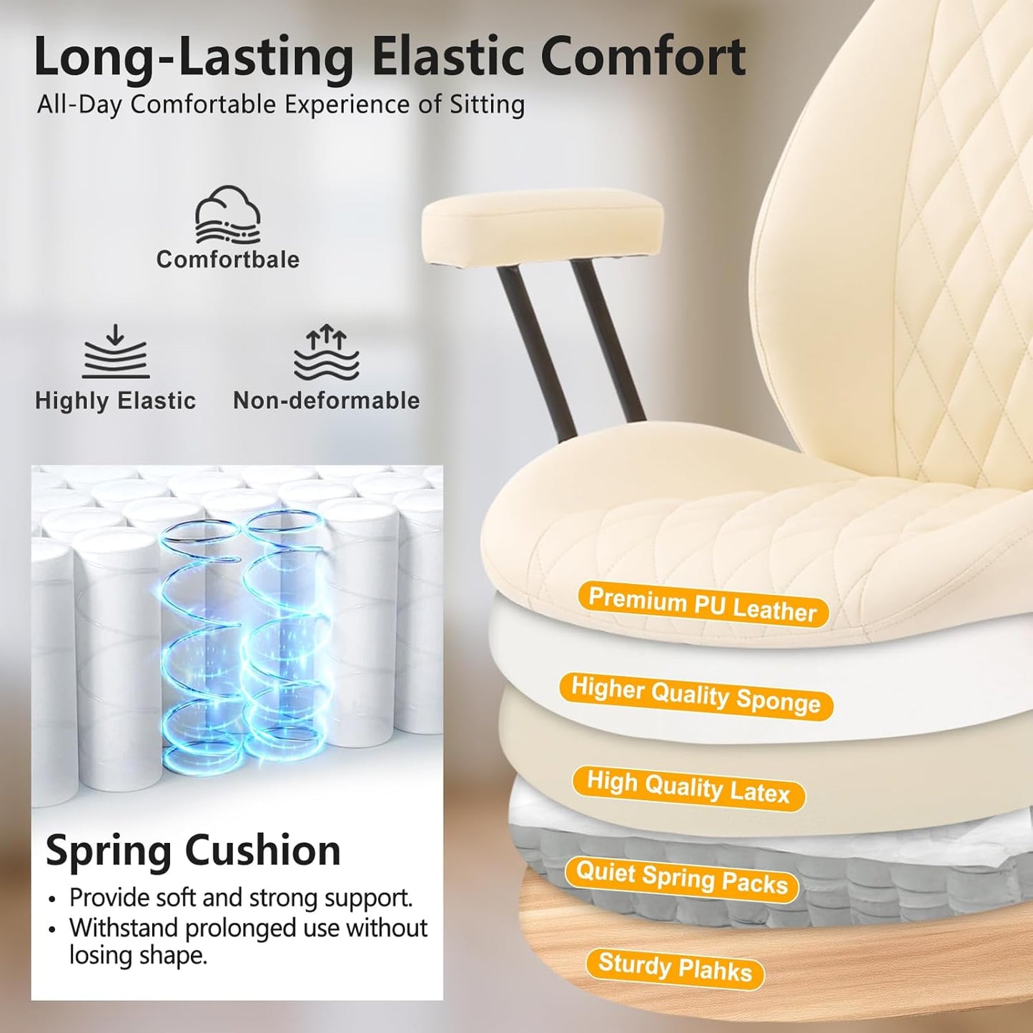 YFO Home Office Desk Chair Office Rubber Casters Ergonomic Computer Chair with Lumbar Support Adjustable Height Rolling Swivel Executive Task Armrests Chair . Cream Leather