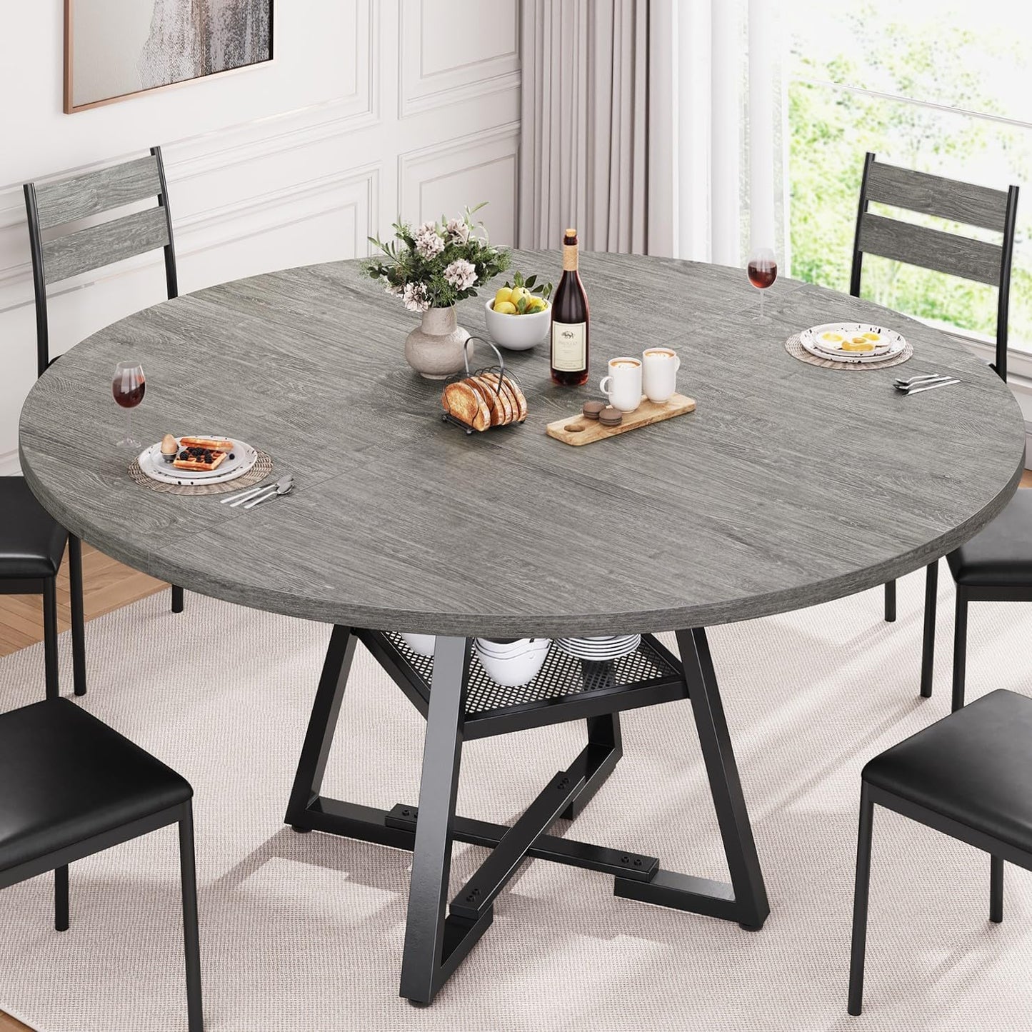 Jocoevol 51" Round Dining Table for 6,Kitchen Dining Room Circle Dinner Pedestal Table,Space Saving Wood Kitchen & Dining Room Furniture (Grey, 51In)