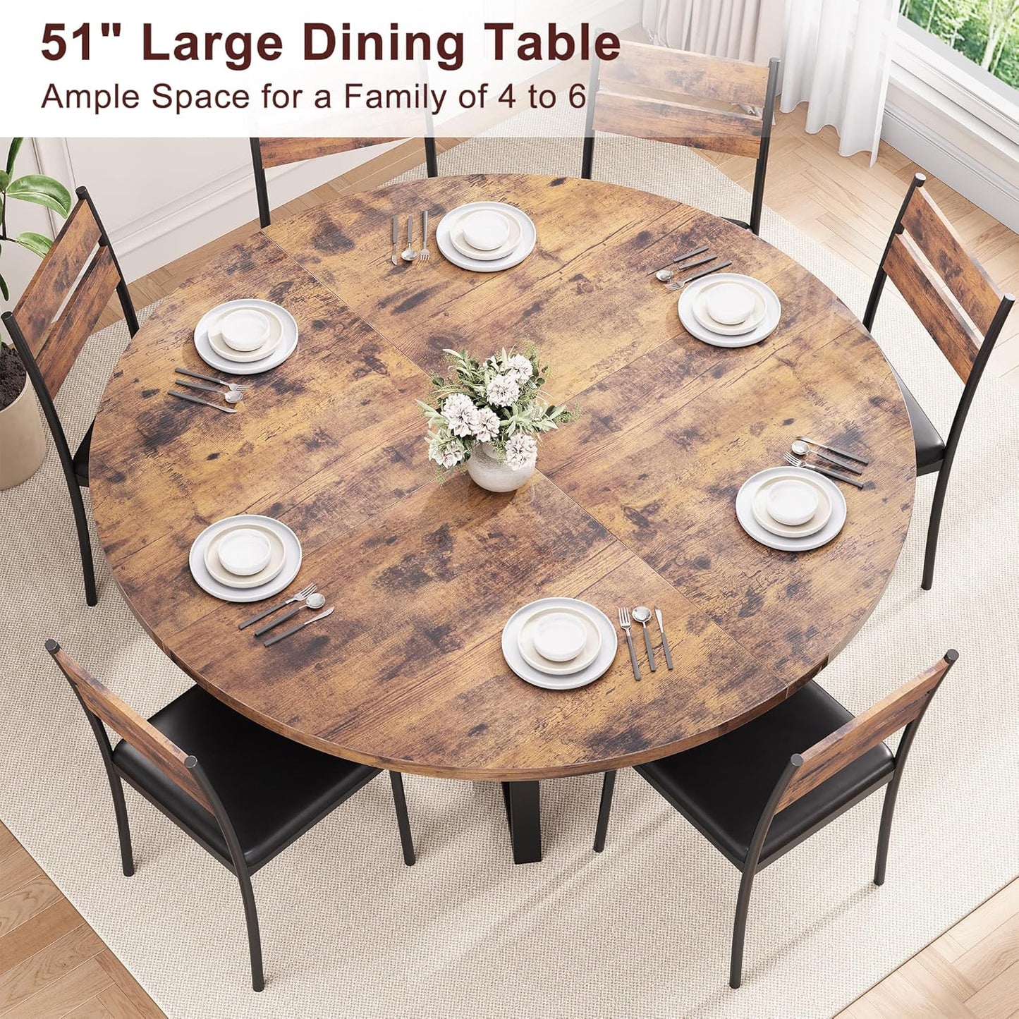 Jocoevol 51'' Round Dining Table for 6,Kitchen Dining Room Circle Dinner Pedestal Table,Space Saving Wood Kitchen & Dining Room Furniture (Vintage, 51In)