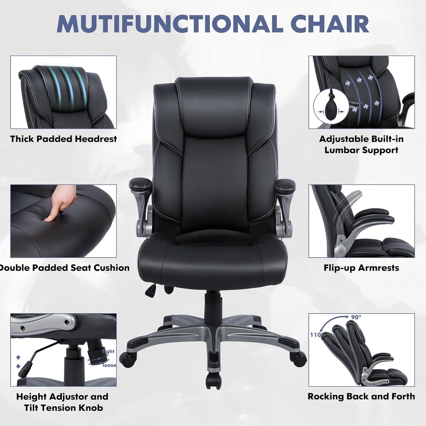 COLAMY High Back Executive Office Chair - Padded Leather Ergonomic Computer Desk Chair with Inflatable Lumbar Support & Flip-Up Arms, Adjustable Tilt Lock Swivel Task Chair for Home Office, Black