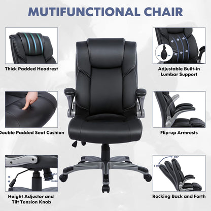 COLAMY High Back Executive Office Chair - Padded Leather Ergonomic Computer Desk Chair with Inflatable Lumbar Support & Flip-Up Arms, Adjustable Tilt Lock Swivel Task Chair for Home Office, Black