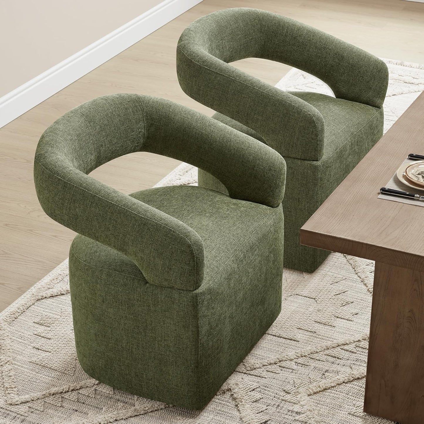 KISLOT Upholstered Dining Chairs with Casters, Modern Barrel Side Armchair with Rollers for Dining Room, Bedroom, Kitchen, Reading Room, Green, Set of 4