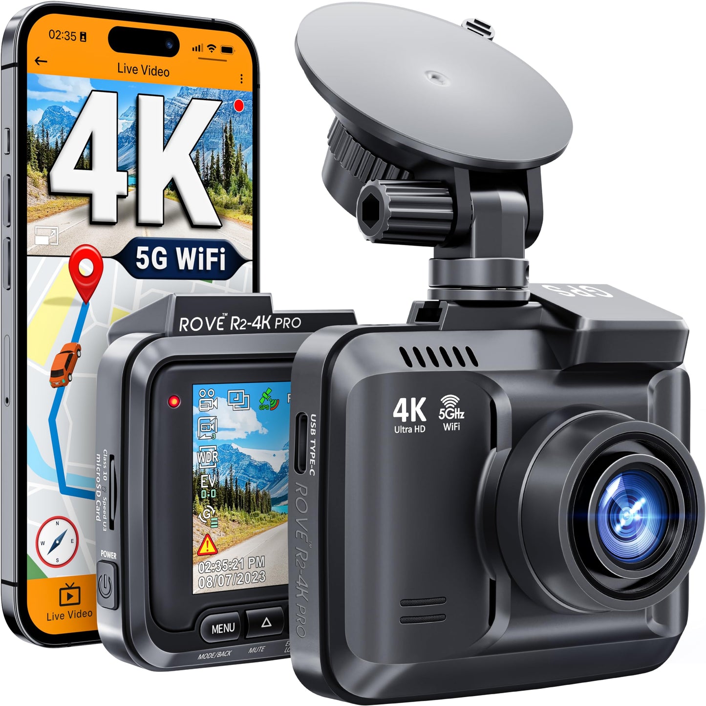 ROVE R2-4K PRO Dash Cam with GPS, 5G WiFi, Night Vision