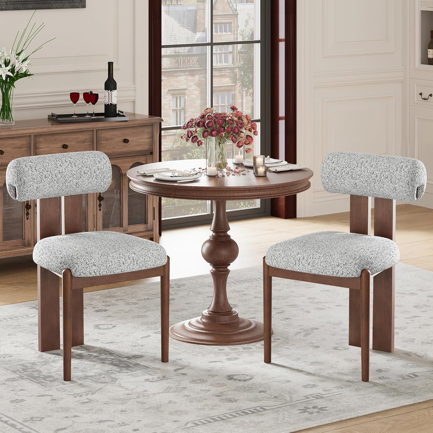 MALOL Modern Wooden Dining Chairs Set of 6, Upholstered Fabric Kitchen Chairs with Sculptural Backrest, Mid-Century Farmhouse Dining Room Chairs with Solid Wood Legs, Light Grey