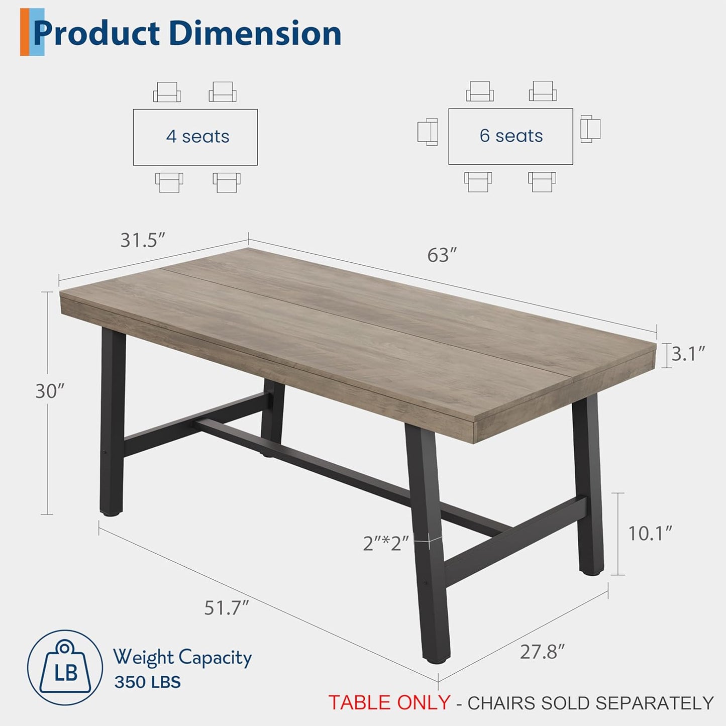 GarveeHome Industrial Dining Table for 4-6 People, 63 in Long Wooden Kitchen Table with Sturdy Metal Frame & Grey Finish - Seats 4 Rectangular Counter for Dinner, Kitchen, Dining Room - Grey