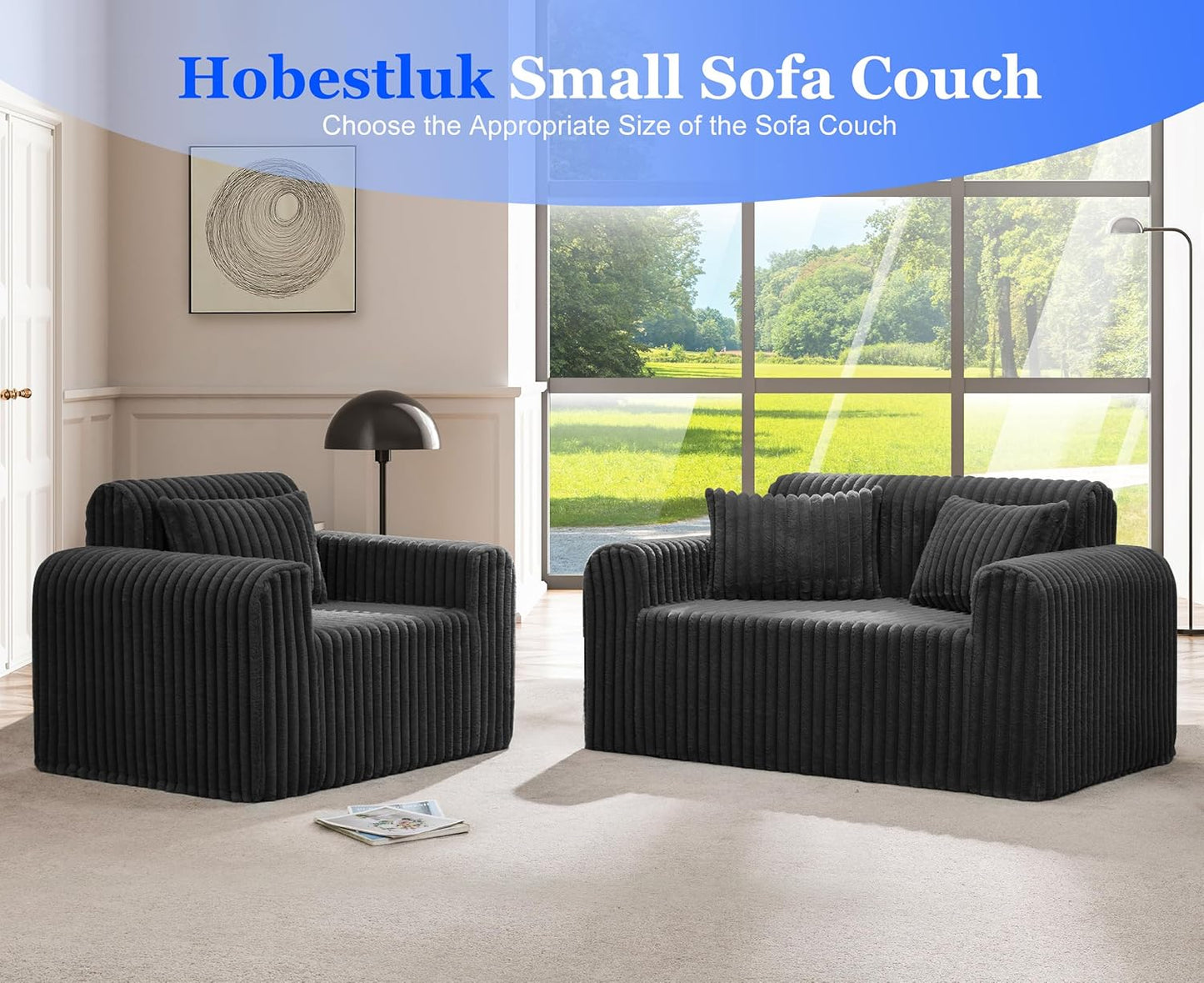 Hobestluk Couch Sofa 2-Seater Foam Sofa Loveseat for Small Spaces Comfy Sofas with Removable Cover Furry Couch with Pillows for Living Room, Bedroom, Apartment, Office (Black, Loveseat)