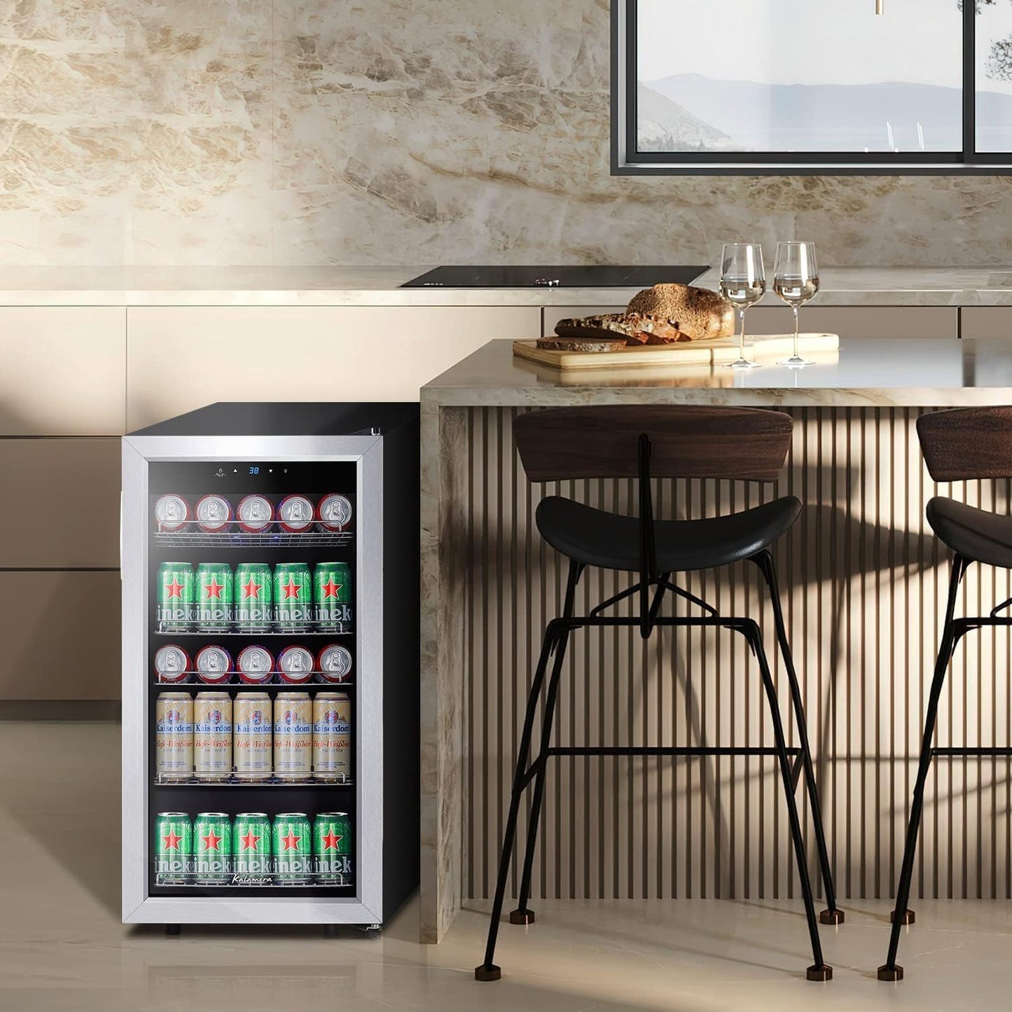 Kalamera Mini Beverage Fridge Refrigerator- 120 Cans Freestanding Drink Cooler - for Soda, Water, Beer or Wine with White LED Light