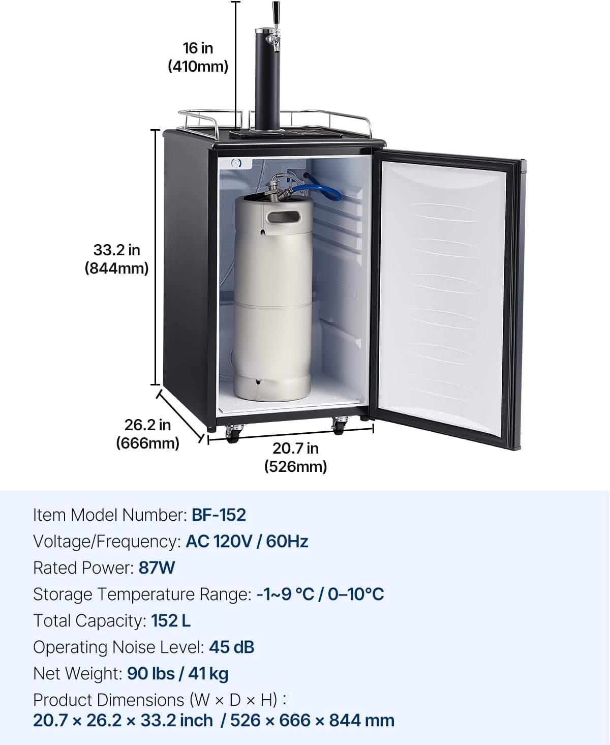 VEVOR Beer Kegerator, Single Tap Commercial Draft Beer Dispenser for D system, Full Size Keg Refrigerator with 5lbs CO2 Tank, Hold 2 Sixth / 2 Ball lock keg, Black