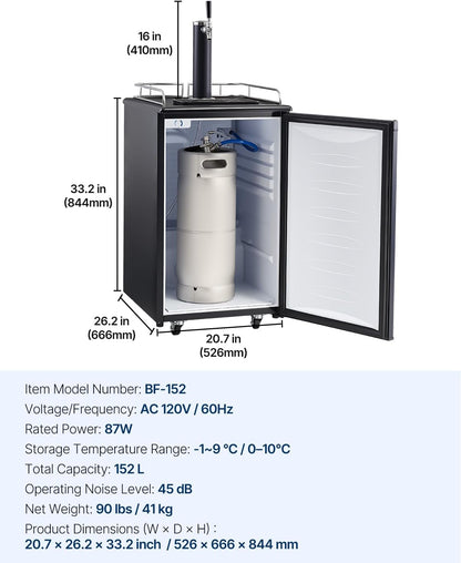 VEVOR Beer Kegerator, Single Tap Commercial Draft Beer Dispenser for D system, Full Size Keg Refrigerator with 5lbs CO2 Tank, Hold 2 Sixth / 2 Ball lock keg, Black