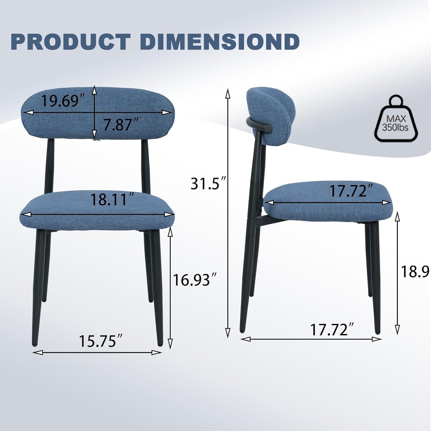 FREKEN Modern Upholstered Dining Chairs Set of 8, Mid-Century Metal Frame Linen Fabric Side Chair for Kitchen Dining Room, 350lbs Capacity, Blue