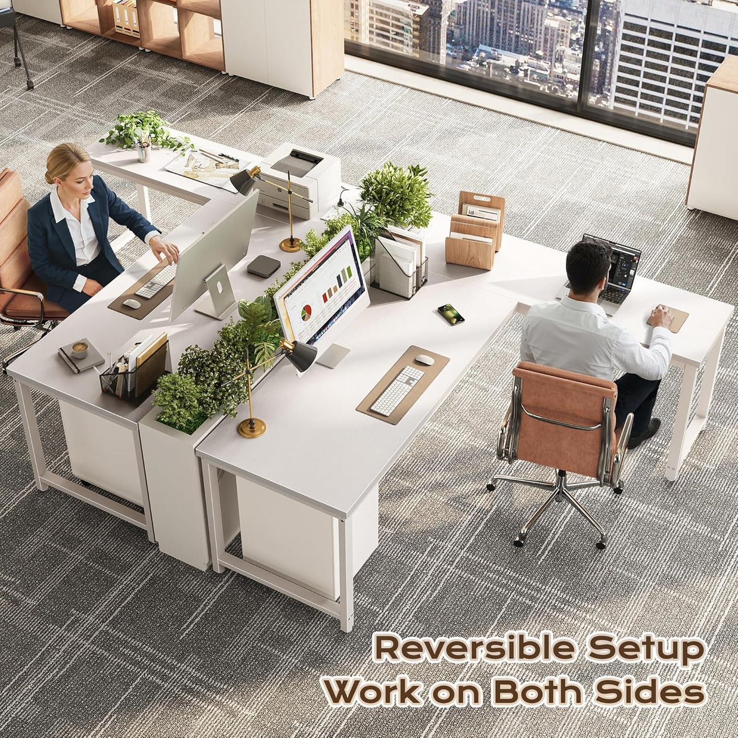 Huuger 63 Inch L Shaped Desk with Power Outlets and USB-C Port, Reversible Computer, Larger Office Corner Gaming Desk, 0.95 Inch Thicker Desktop, Metal Frame, for Home Office, Study, White